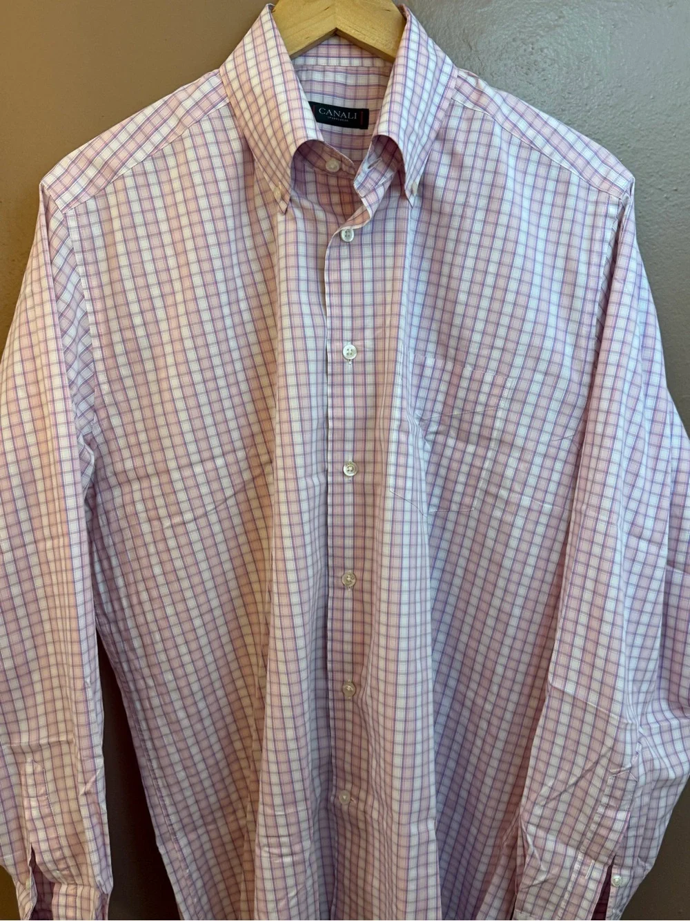 CANALI Pink and Blue Windowpane Plaid Dress Shirt